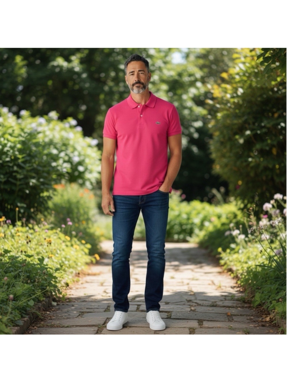 LACOSTE Polo Shirt Mens 5/L Hot Pink Golf Tennis Preppy Short Sleeve Crocodile